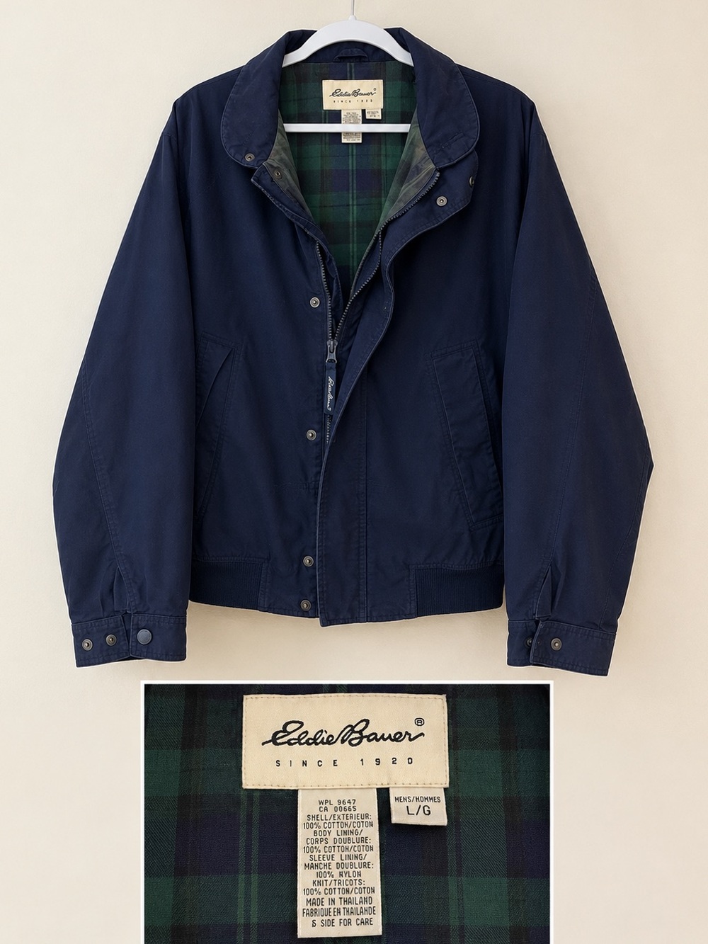 Vintage Eddie Bauer Men’s L Navy Harrington Bomber Jacket Plaid Lined